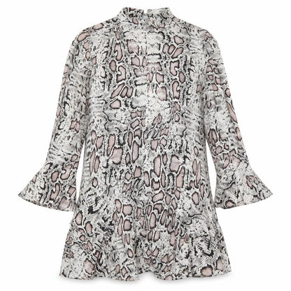 Front view of Mango women’s grey animal print polyester skater dress, size S, round neck button