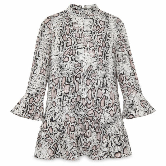 Front view of Mango women’s grey animal print polyester skater dress, size S, round neck button