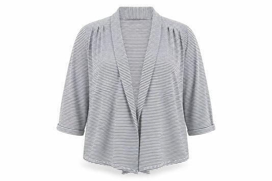 Front view of Alex & Co women’s blue collared striped polyester cardigan jumper, size UK 14