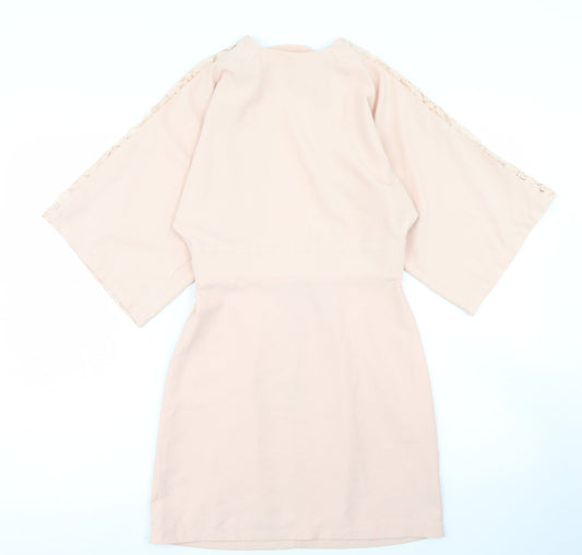 ASOS Womens Pink  Polyester Pencil Dress  Size 4  Crew Neck Zip - Lace sleeve detail, open back