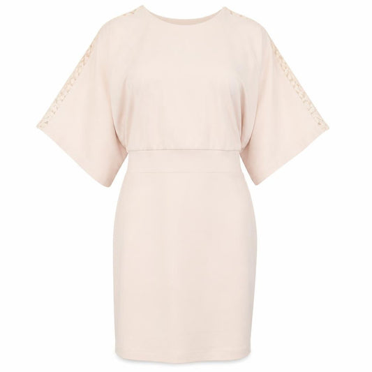 Front view of ASOS women’s pink polyester pencil dress, size UK 4, crew neck zip - lace sleeve detail, open back