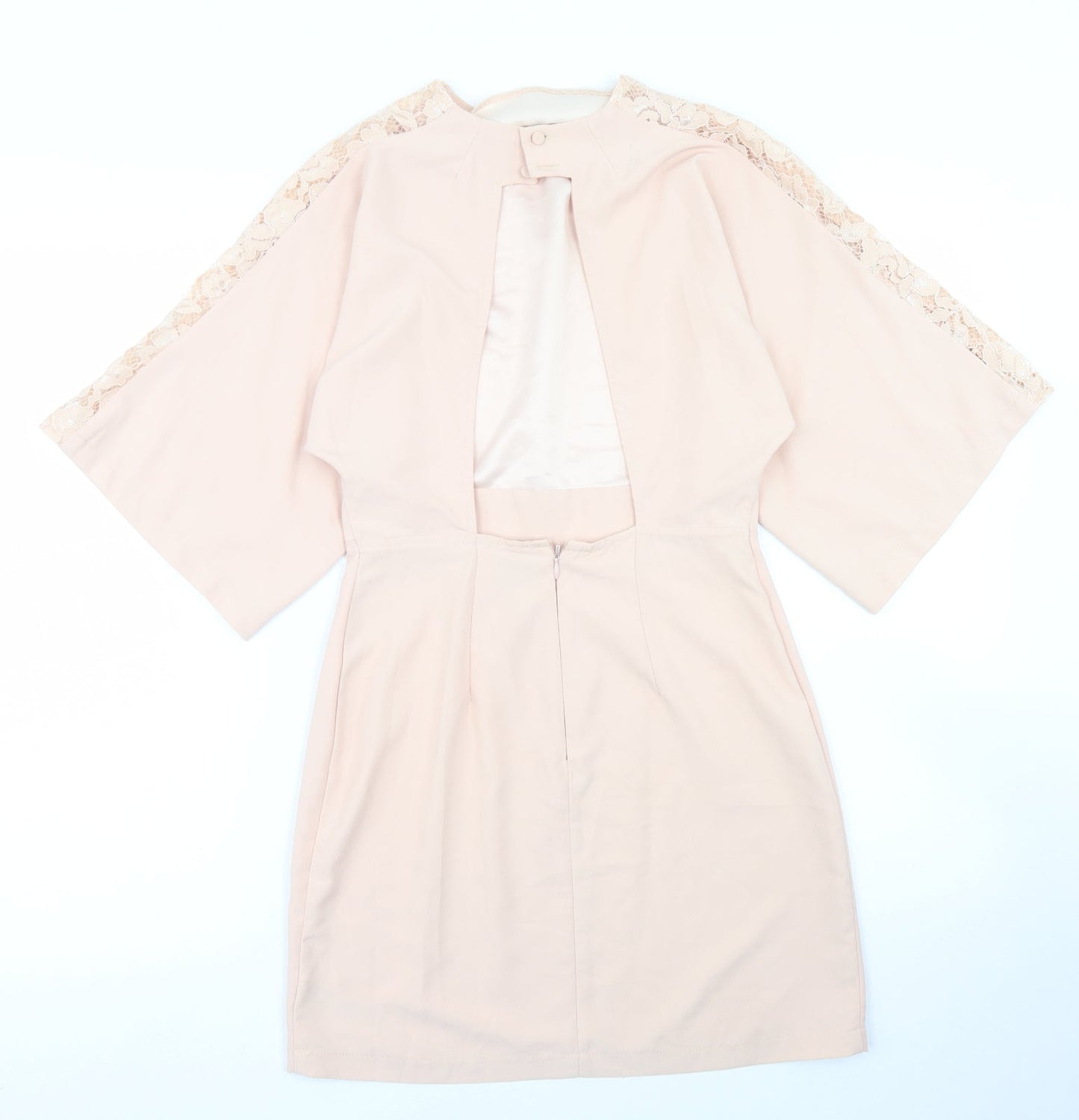 ASOS Womens Pink  Polyester Pencil Dress  Size 4  Crew Neck Zip - Lace sleeve detail, open back