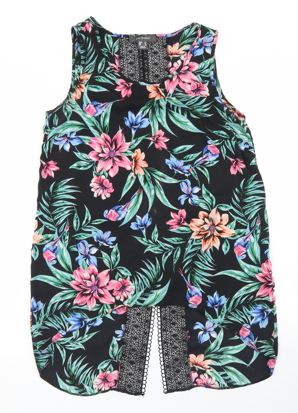 Primark Womens Black Floral Polyester Basic Blouse Size 10 Round Neck - Crochet back detail