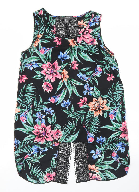 Primark Womens Black Floral Polyester Basic Blouse Size 10 Round Neck - Crochet back detail
