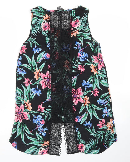 Primark Womens Black Floral Polyester Basic Blouse Size 10 Round Neck - Crochet back detail