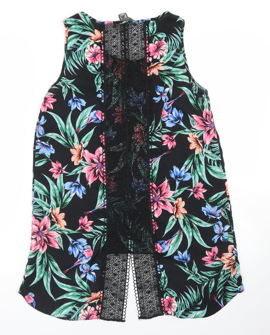 Primark Womens Black Floral Polyester Basic Blouse Size 10 Round Neck - Crochet back detail