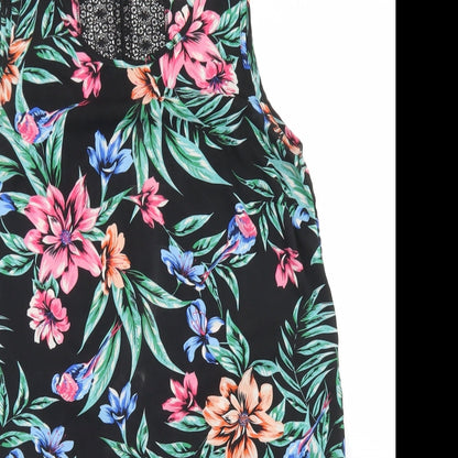 Primark Womens Black Floral Polyester Basic Blouse Size 10 Round Neck - Crochet back detail