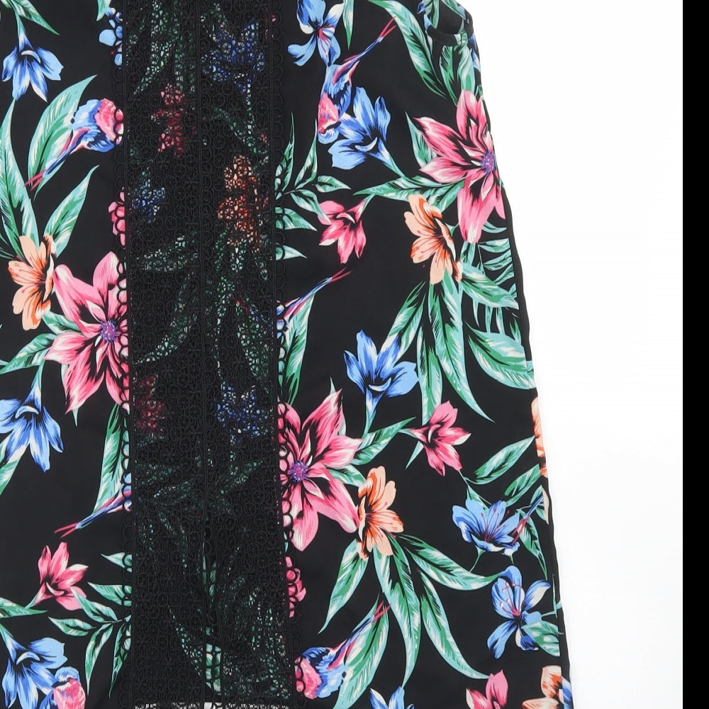 Primark Womens Black Floral Polyester Basic Blouse Size 10 Round Neck - Crochet back detail