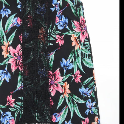 Primark Womens Black Floral Polyester Basic Blouse Size 10 Round Neck - Crochet back detail