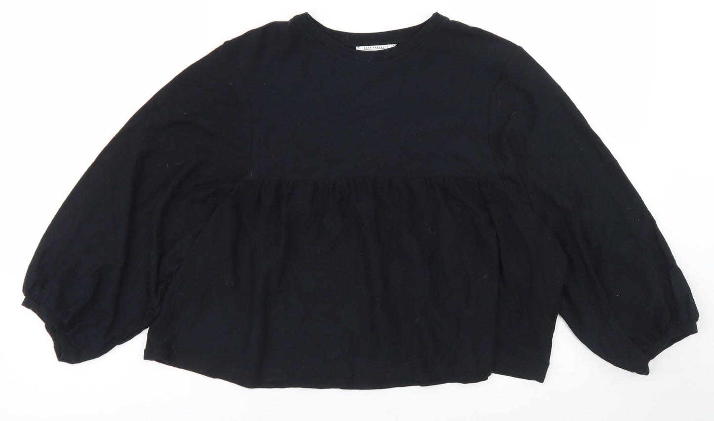 Zara Womens Black  Cotton Cropped T-Shirt Size S Crew Neck - Balloon Sleeve