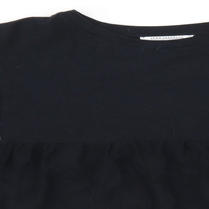 Zara Womens Black  Cotton Cropped T-Shirt Size S Crew Neck - Balloon Sleeve