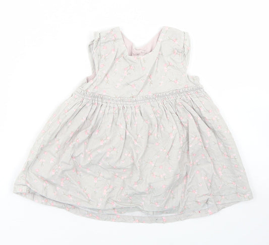 Matalan Girls Grey Floral Cotton Skater Dress  Size 6-9 Months  Round Neck Button