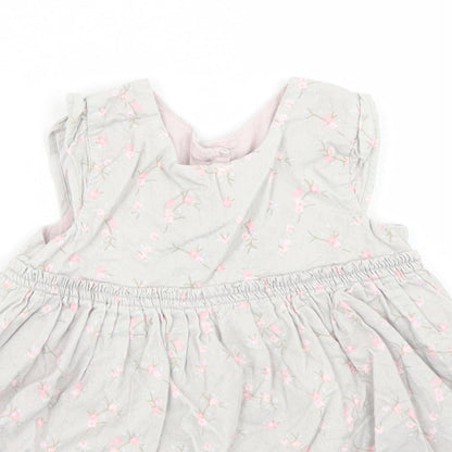 Matalan Girls Grey Floral Cotton Skater Dress  Size 6-9 Months  Round Neck Button