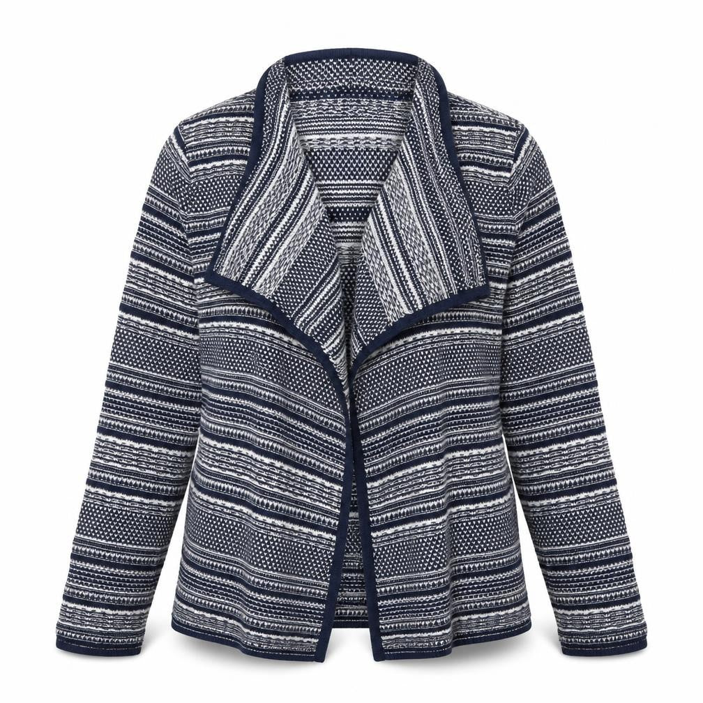 Front view of M&Co women’s blue v-neck striped acrylic cardigan jumper, size UK 14
