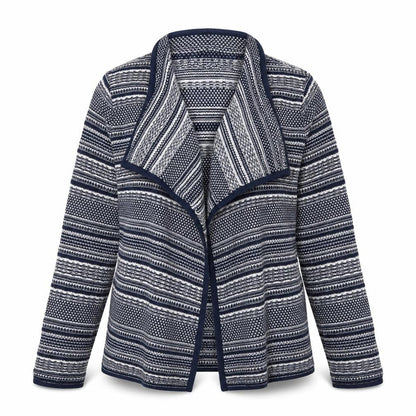 Front view of M&Co women’s blue v-neck striped acrylic cardigan jumper, size UK 14