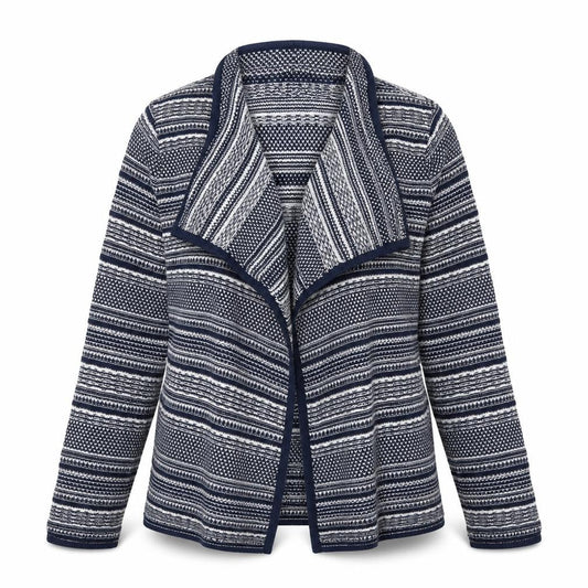 Front view of M&Co women’s blue v-neck striped acrylic cardigan jumper, size UK 14