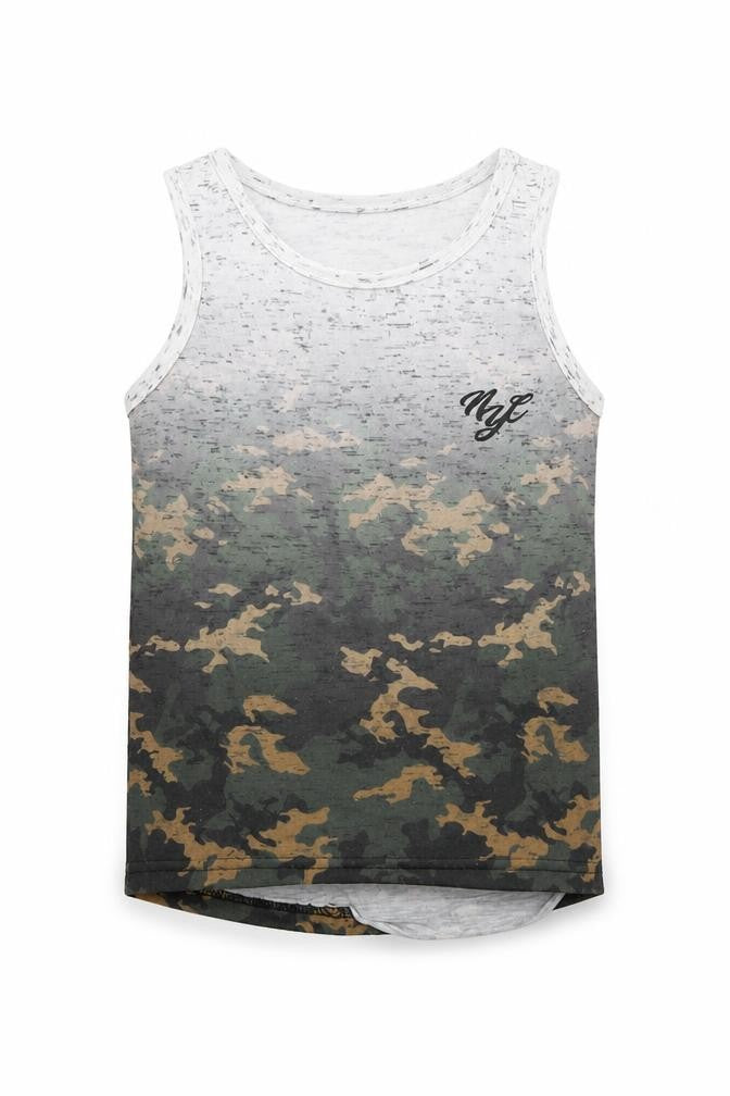 Front view of Primark boys’ multicoloured camouflage polyester basic tank, size 5-6, years round neck