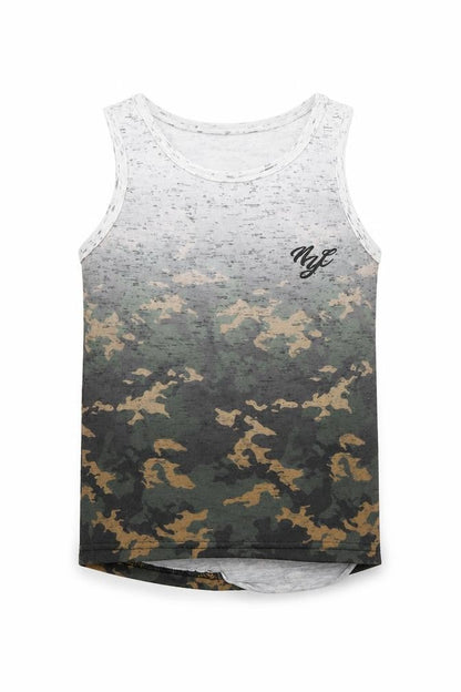 Front view of Primark boys’ multicoloured camouflage polyester basic tank, size 5-6, years round neck