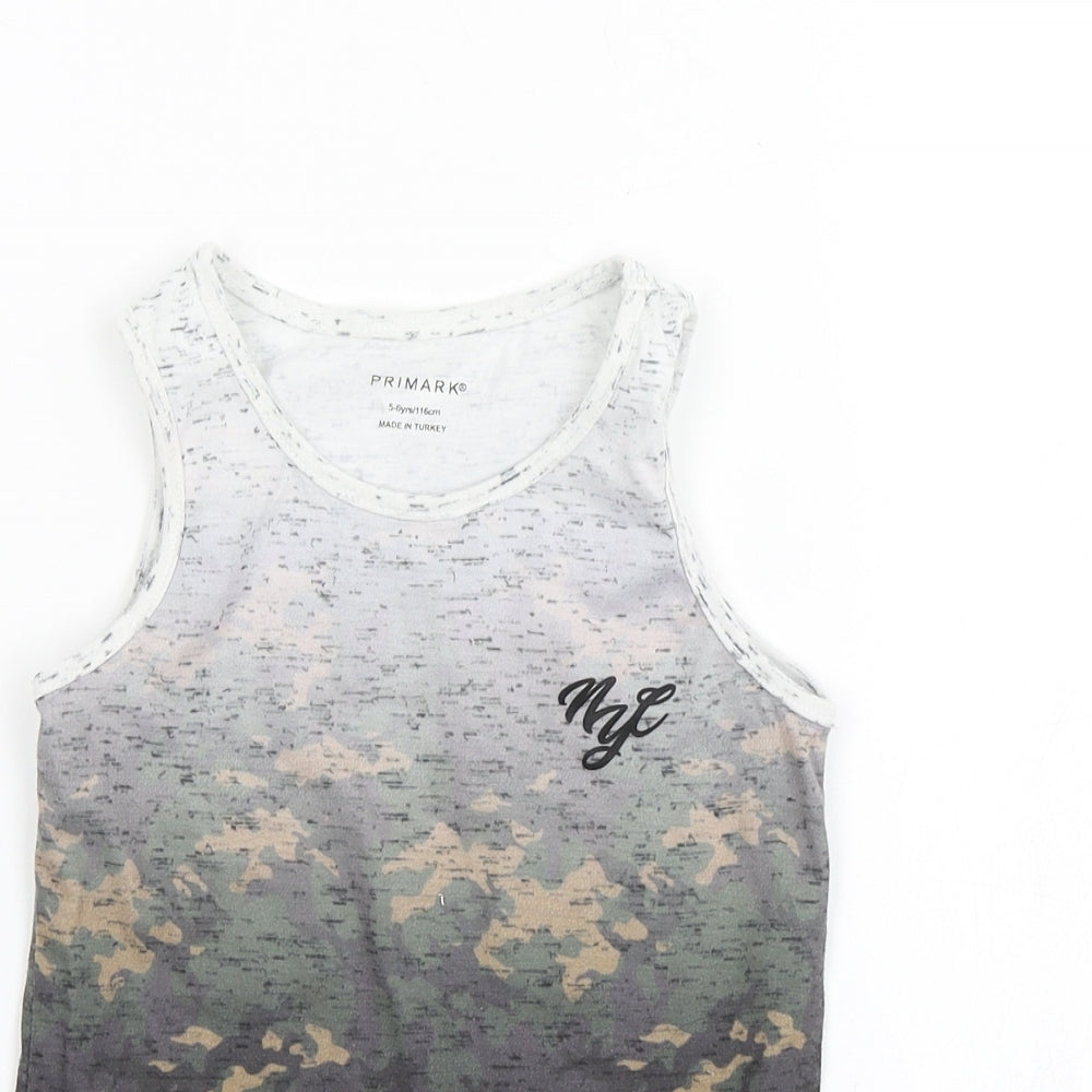 Close-up detail of Primark boys’ multicoloured camouflage polyester basic tank, size 5-6, years round neck