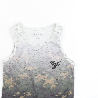 Close-up detail of Primark boys’ multicoloured camouflage polyester basic tank, size 5-6, years round neck