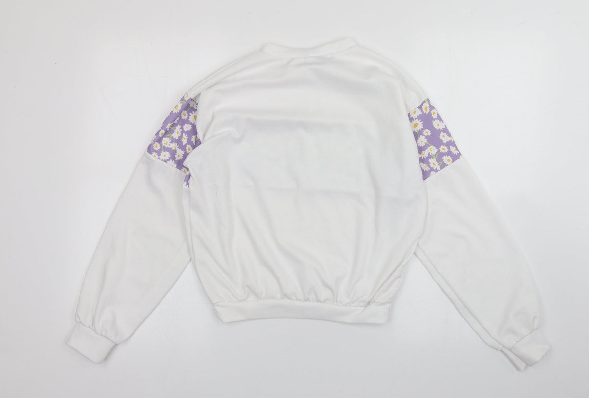 Back view of I SAW IT FIRST women’s white floral polyester pullover sweatshirt, size UK 6