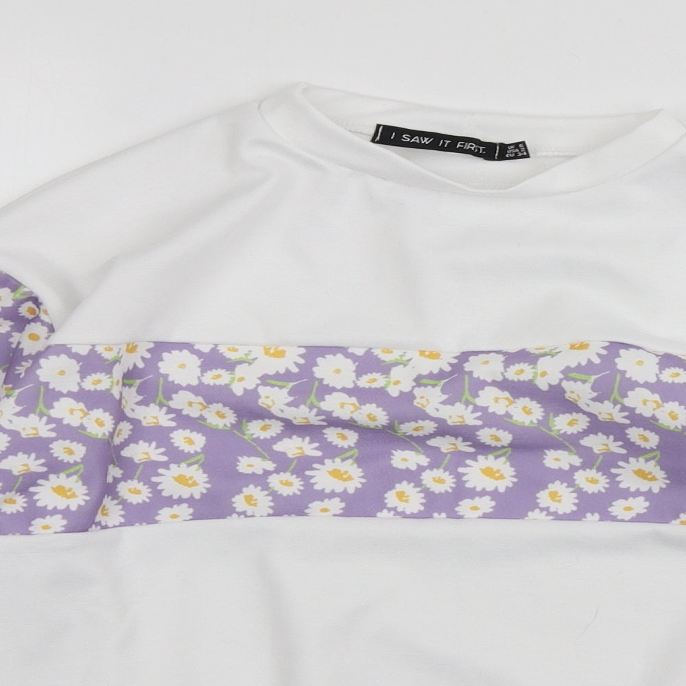 Close-up detail of I SAW IT FIRST women’s white floral polyester pullover sweatshirt, size UK 6