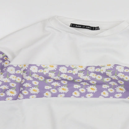 Close-up detail of I SAW IT FIRST women’s white floral polyester pullover sweatshirt, size UK 6