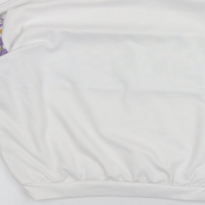 Brand and care label for I SAW IT FIRST women’s white floral polyester pullover sweatshirt, size UK 6