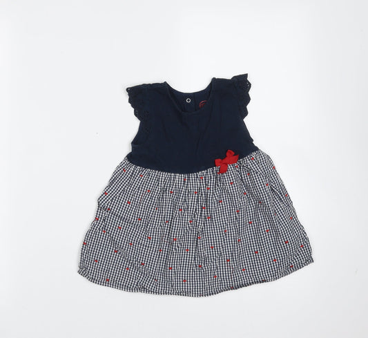 CoolClub Girls Blue Check Cotton Fit & Flare  Size 18 Months  Round Neck