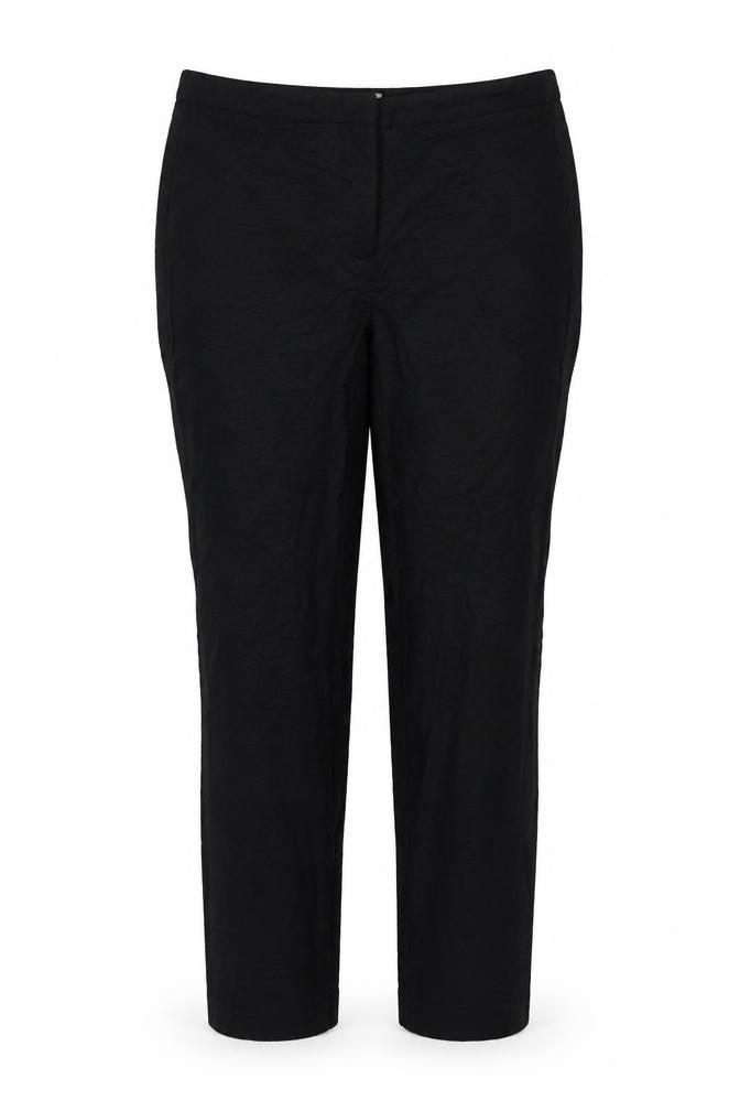 Front view of Preworn women’s black polyester blend trousers, size UK 30, in, 27-inch leg regular