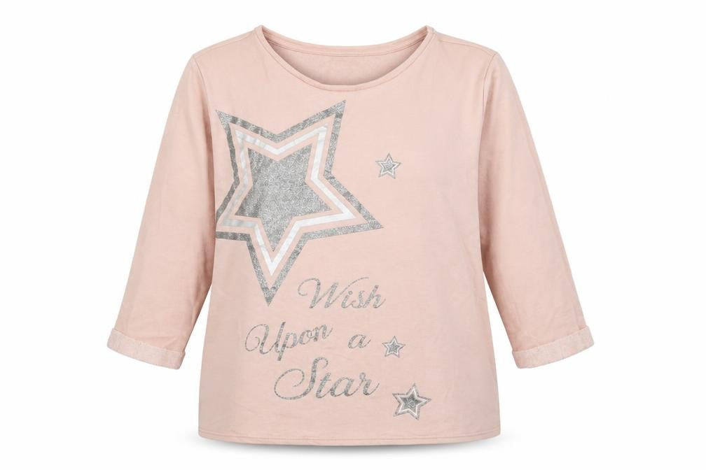 Front view of Papaya women’s pink cotton pullover sweatshirt, size L, - star pattern