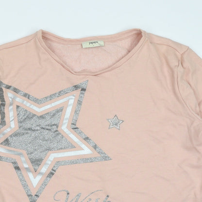 Close-up detail of Papaya women’s pink cotton pullover sweatshirt, size L, - star pattern