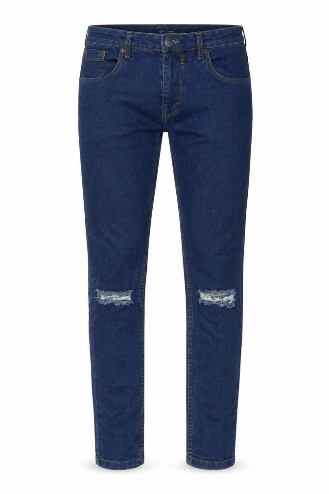 Front view of Soul Star men’s blue cotton skinny jeans, size 32, in, 35-inch leg extra-slim zip