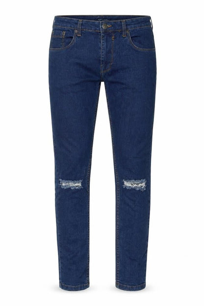Front view of Soul Star men’s blue cotton skinny jeans, size 32, in, 35-inch leg extra-slim zip