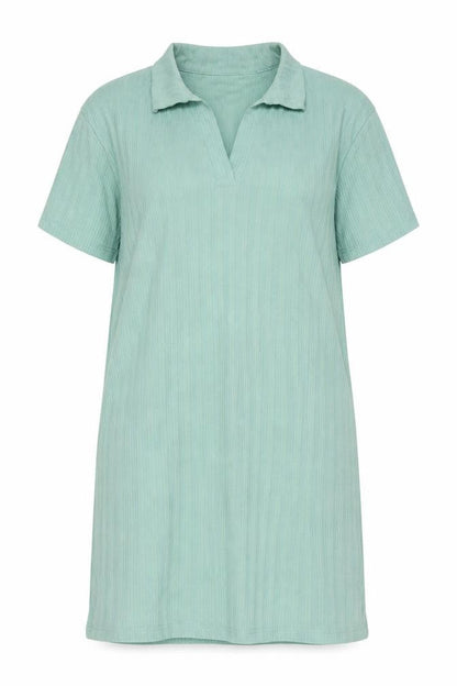 Front view of SHEIN women’s green striped polyester t-shirt dress, size L, collared