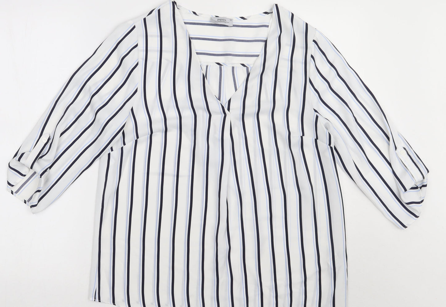 Matalan Womens White Striped Polyester Basic Blouse Size 12 V-Neck