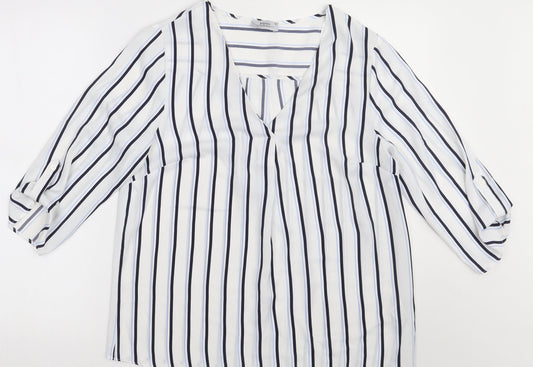 Matalan Womens White Striped Polyester Basic Blouse Size 12 V-Neck