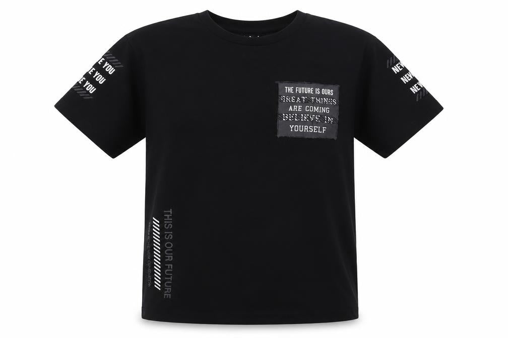 Front view of Matalan boys’ black cotton basic t-shirt, size 10, years crew neck pullover - this is our future