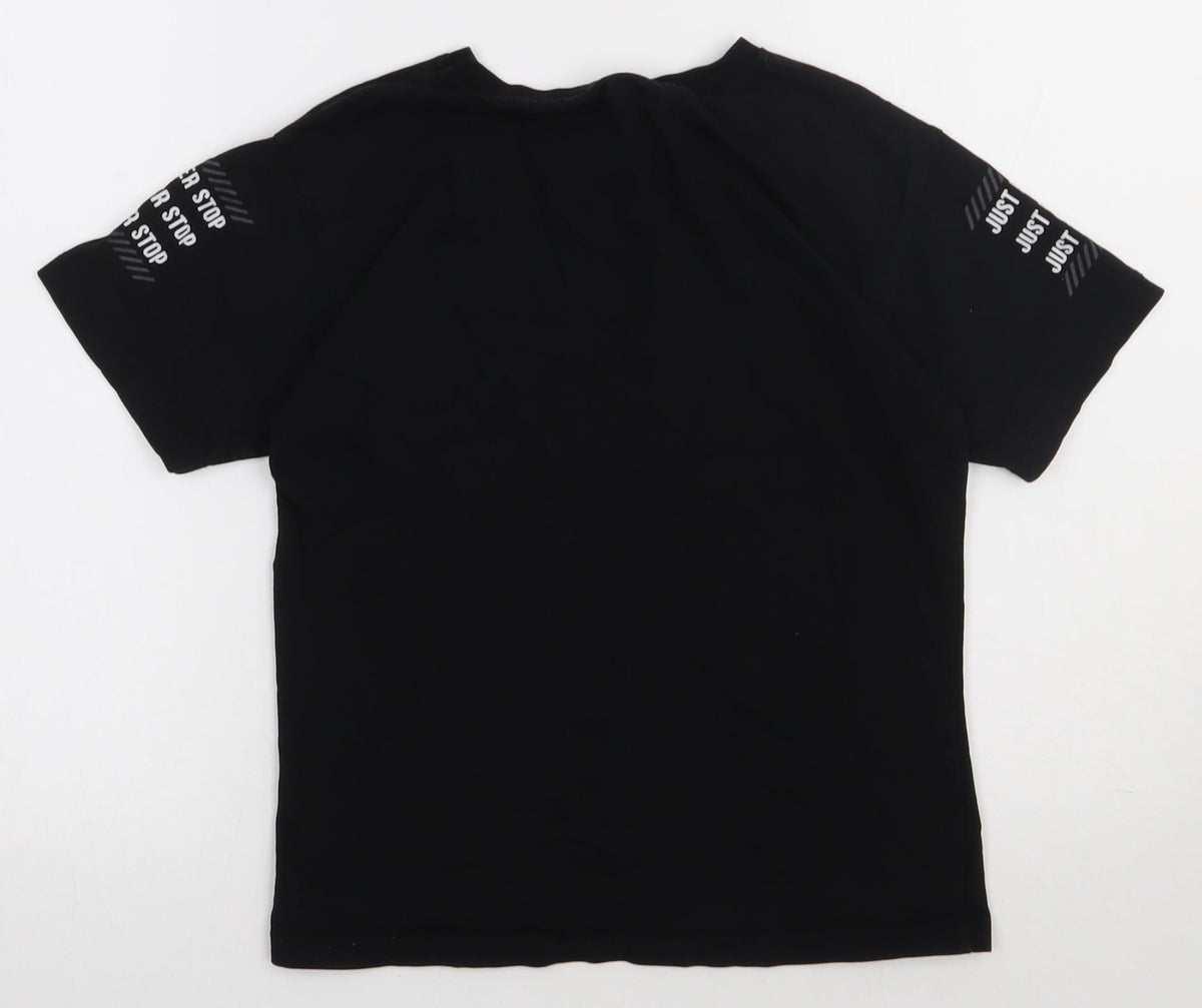 Back view of Matalan boys’ black cotton basic t-shirt, size 10, years crew neck pullover - this is our future