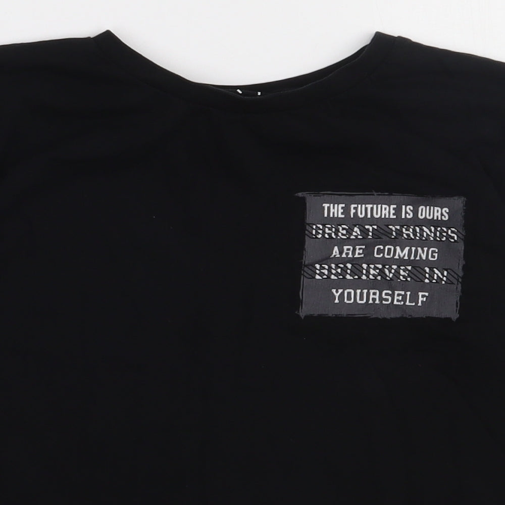 Close-up detail of Matalan boys’ black cotton basic t-shirt, size 10, years crew neck pullover - this is our future