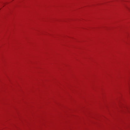 Brand and care label for Up2Fashion women’s red cotton pullover sweatshirt, size L, pullover