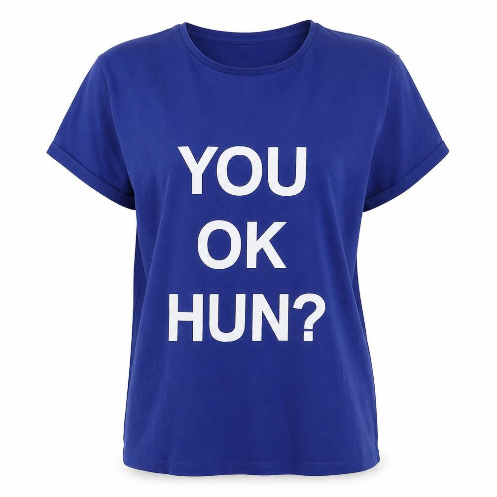 Front view of Primark women’s blue cotton basic t-shirt, size UK 10, crew neck - you ok hun?
