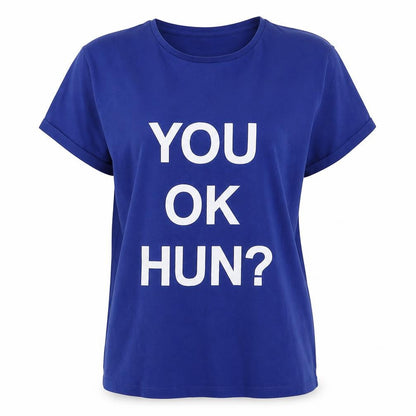 Front view of Primark women’s blue cotton basic t-shirt, size UK 10, crew neck - you ok hun?