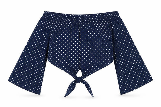 Front view of QED London women’s blue polka dot polyester cropped blouse, size UK 10, off the shoulder