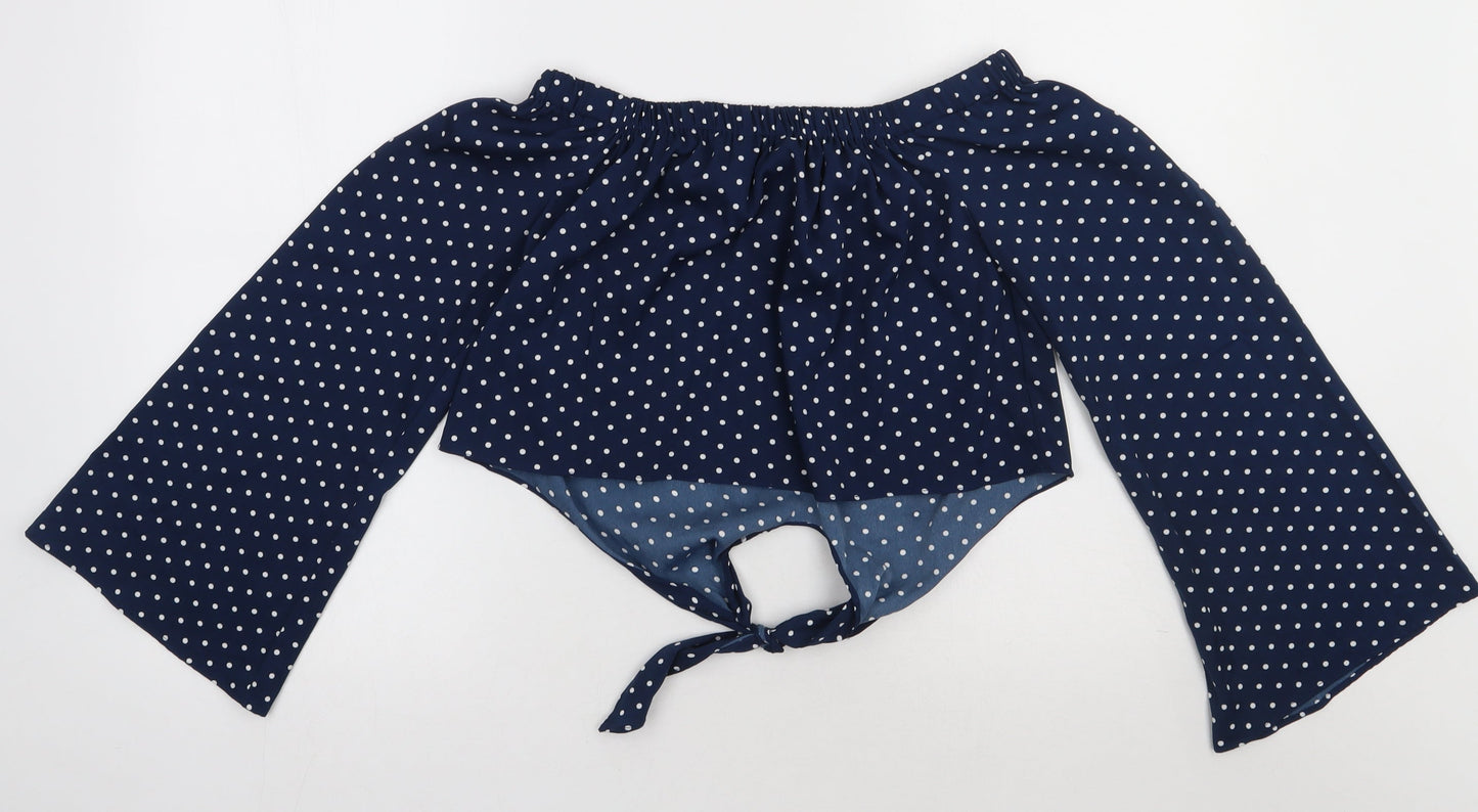 QED London Womens Blue Polka Dot Polyester Cropped Blouse Size 10 Off the Shoulder