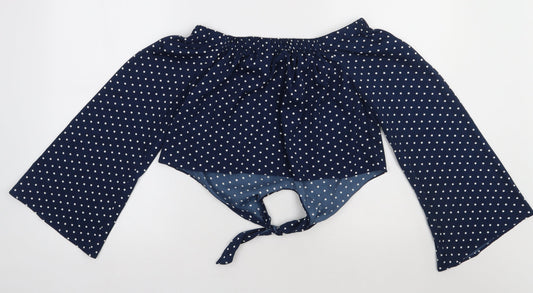 QED London Womens Blue Polka Dot Polyester Cropped Blouse Size 10 Off the Shoulder