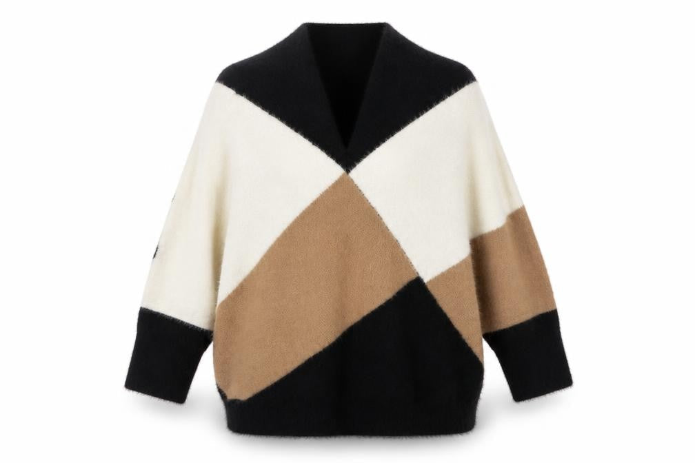 Front view of Peacocks women’s brown argyle/diamond nylon pullover sweatshirt, size M, pullover