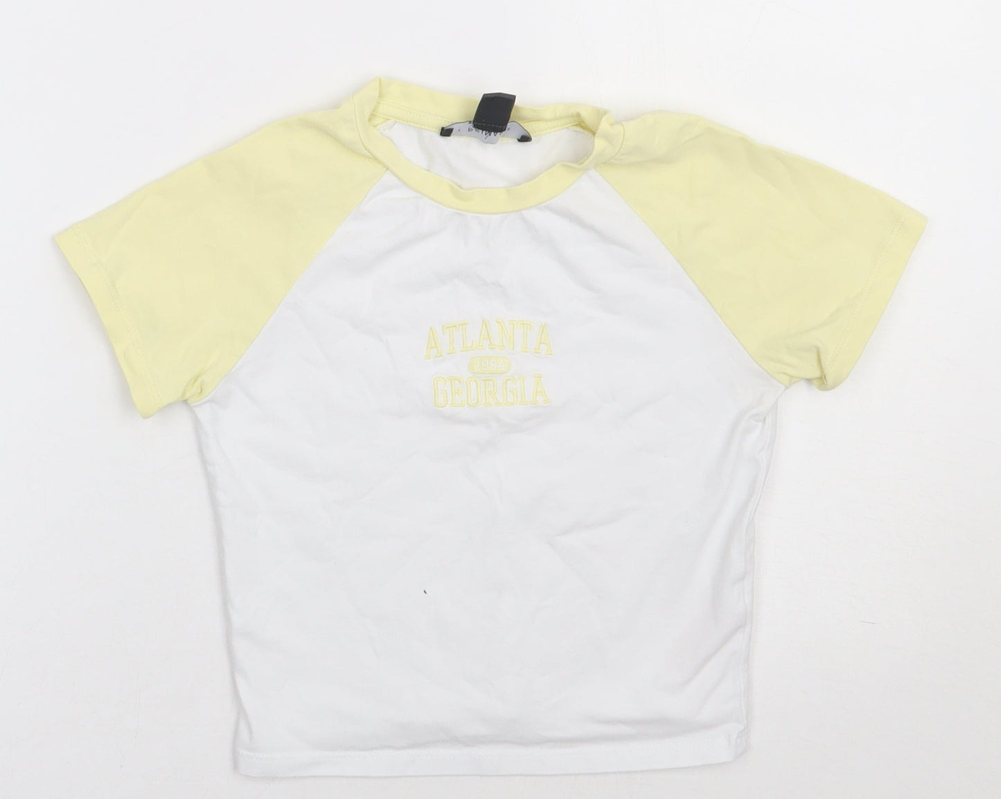Primark Womens Yellow  Cotton Cropped T-Shirt Size 4 Crew Neck - Atlanta 1994