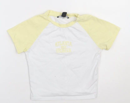 Primark Womens Yellow  Cotton Cropped T-Shirt Size 4 Crew Neck - Atlanta 1994