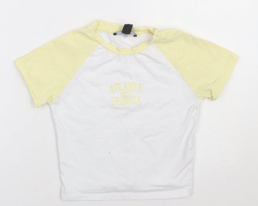 Primark Womens Yellow  Cotton Cropped T-Shirt Size 4 Crew Neck - Atlanta 1994